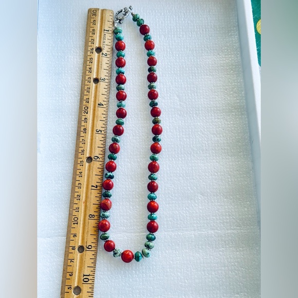 Turquoise and Coral Bead Necklace 925 19” - Picture 6 of 6